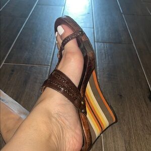 BCBGirls Brown Braided Leather Wedge Sandals with Striped Multicolor Heel